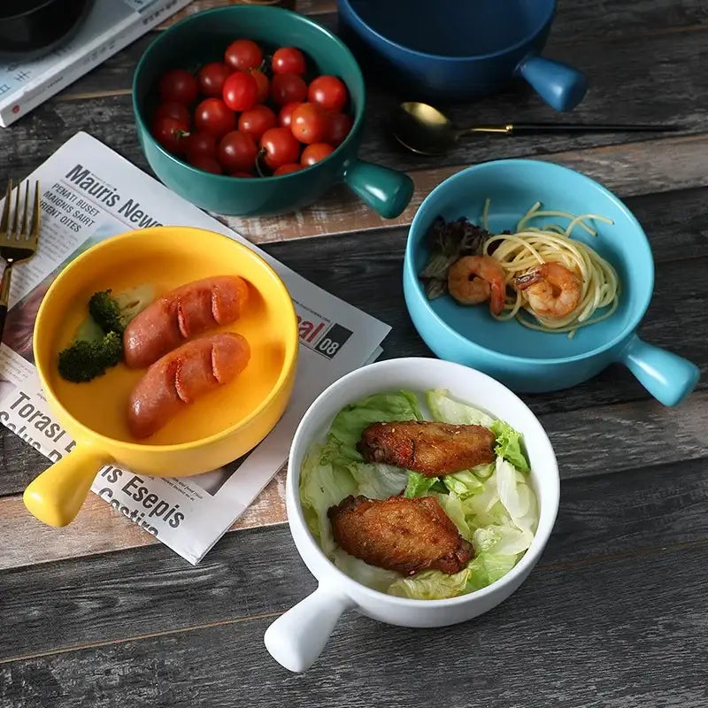 Yellow ceramic single handle bowl by decorbites filled with sausages and broccoli for dining tableware use