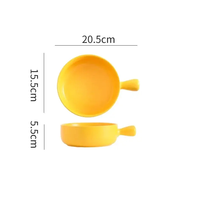 Bright yellow decorbites ceramic single handle salad bowl shown from top and side views for dining room tableware