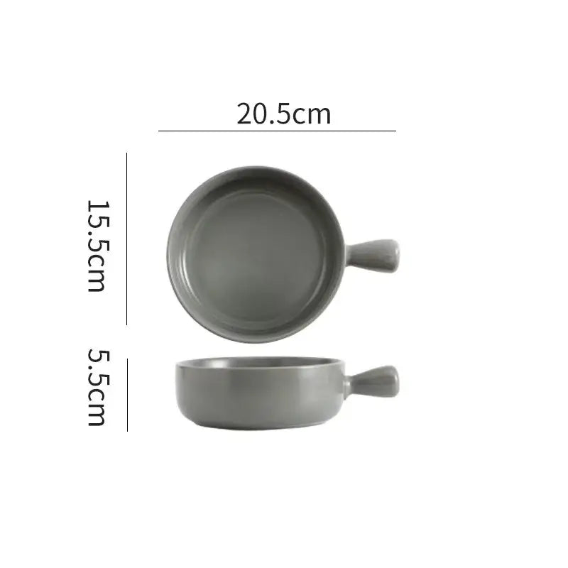 Gray decorbites ceramic single handle ramekin with small handle shown from top and side views for dining tableware