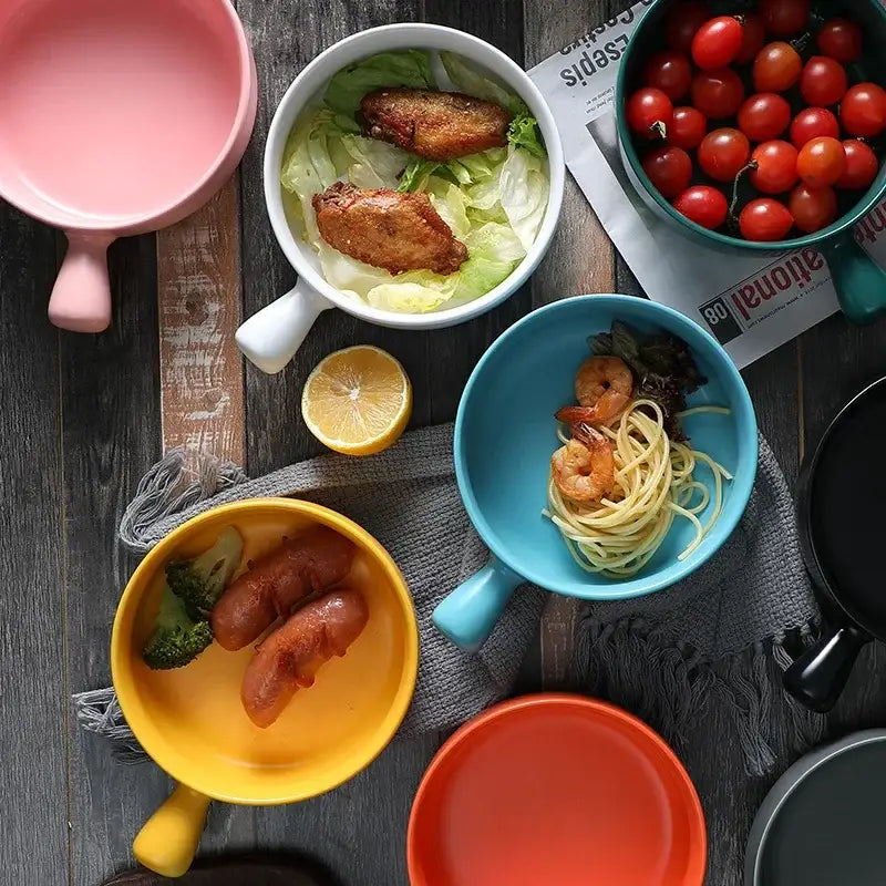 Set of colorful ceramic single handle salad bowls in pink white blue yellow and orange for dining room tableware decorbites ceramic single