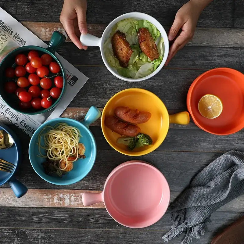 Set of colorful decorbites ceramic single handle salad bowls in teal white yellow blue and pink for dining tableware