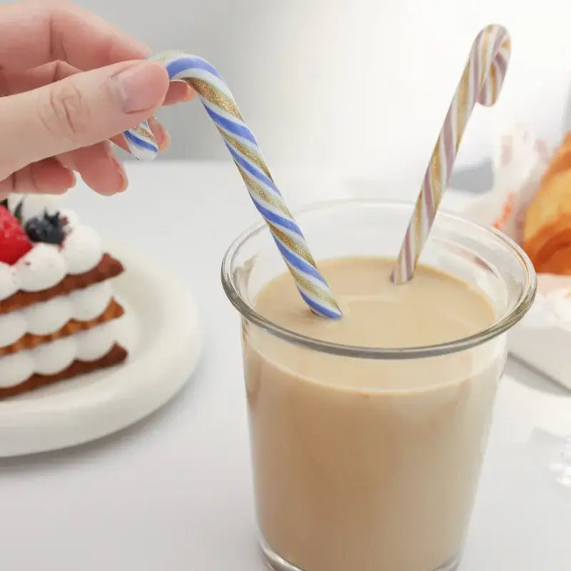 Blue and gold striped candy cane long handle glass stirring stick for decorbites colorful christmas kitchen use