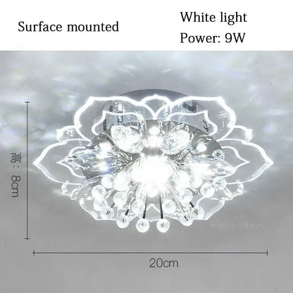 Delicate white crystal ceiling light fixture with floral design clear glass elements and led lighting for living room