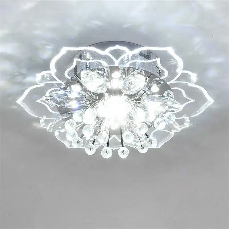 A colorful crystal flower ceiling light fixture with a sleek chrome base and intricate petal design for living room