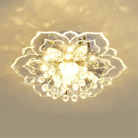 Colorful crystal flower ceiling light fixture with clear glass petals and dangling spherical crystals for living room