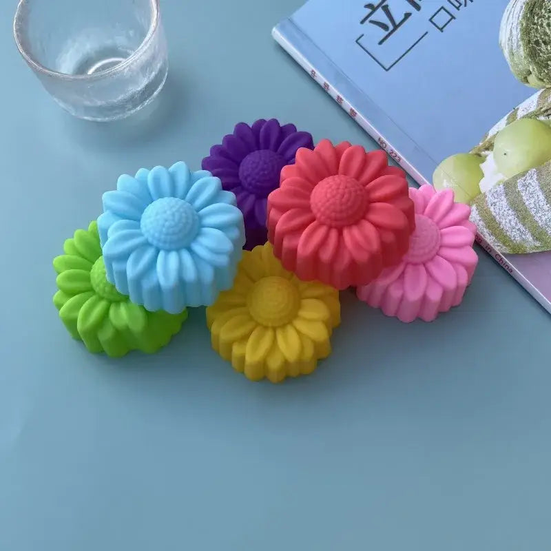 Colorful daisy silicone cake mold set with vibrant blue purple red pink green and yellow silicone cake molds for baking