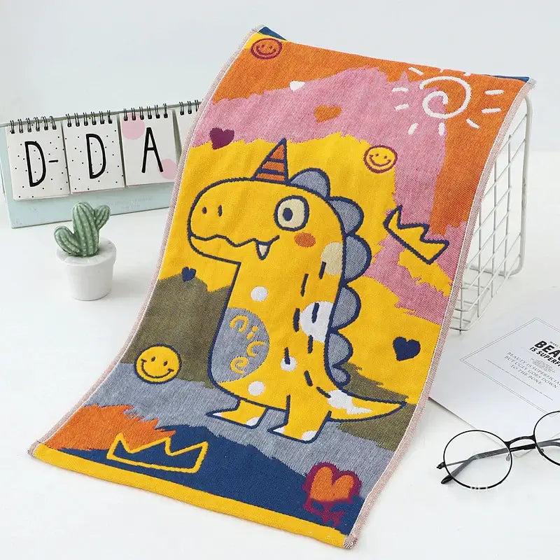 Colorful dinosaur cat gauze hand towel set of 4 featuring a cheerful yellow dino with vibrant orange pink blue decorbites cat gauze design
