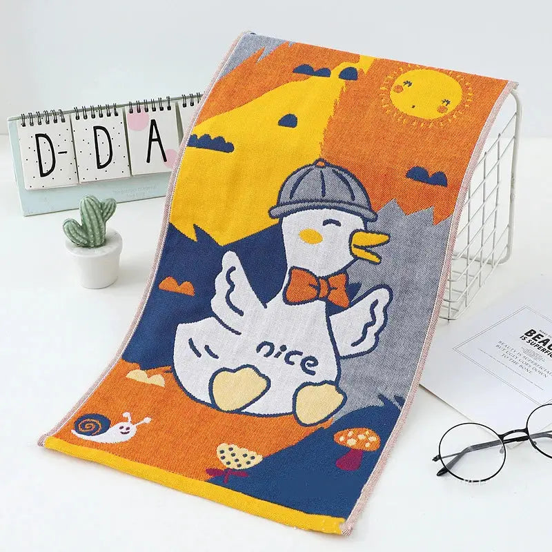 Colorful dinosaur cat gauze hand towels set of 4 featuring a white duck with hat and bow tie for kitchen decorbites cat gauze hand use