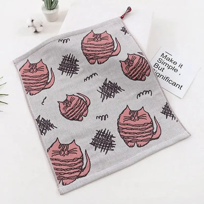 Gray hand towels with pink cartoon cats black scribbled stripes whiskers made of decorbites cat gauze for kitchen decor
