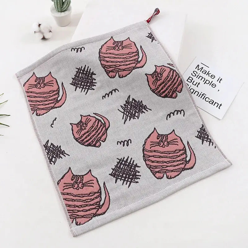 Gray hand towels with pink cartoon cats black scribbled stripes whiskers made of decorbites cat gauze for kitchen decor