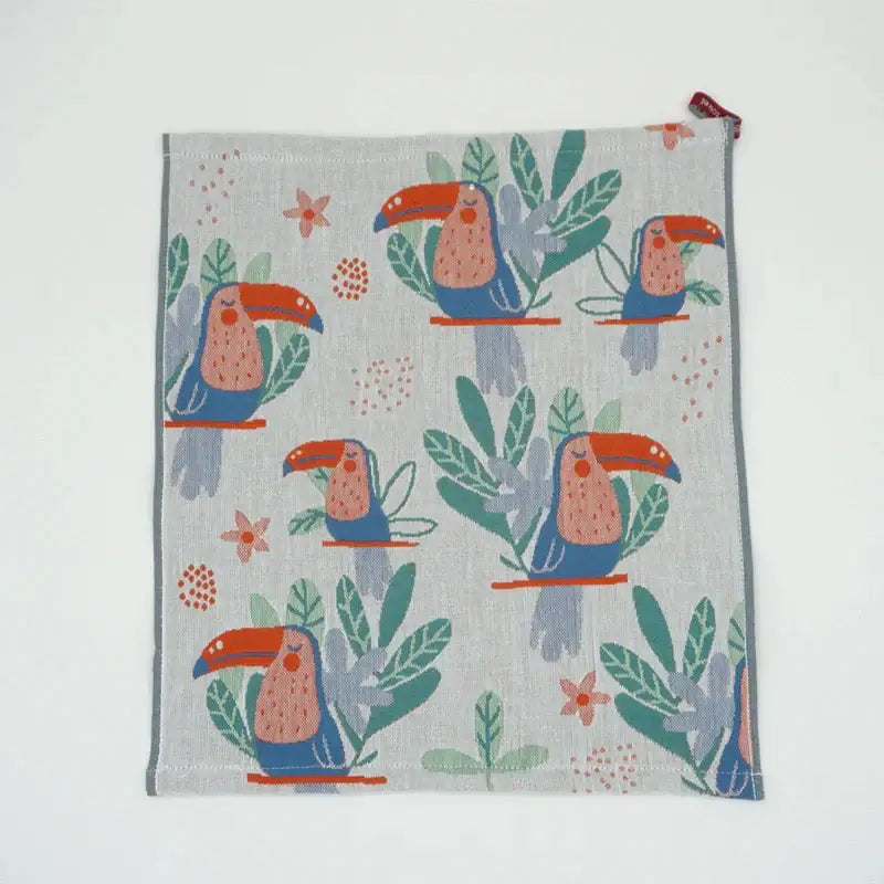 A light gray linen-like cat gauze hand towel with colorful toucan and floral pattern for decorbites kitchen decorbites cat gauze hand towels