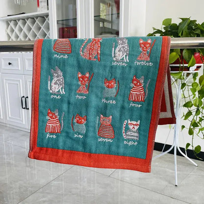 Teal and orange embroidered cat gauze hand towel with numbered red white and gray cats grid for decorbites cat gauze set