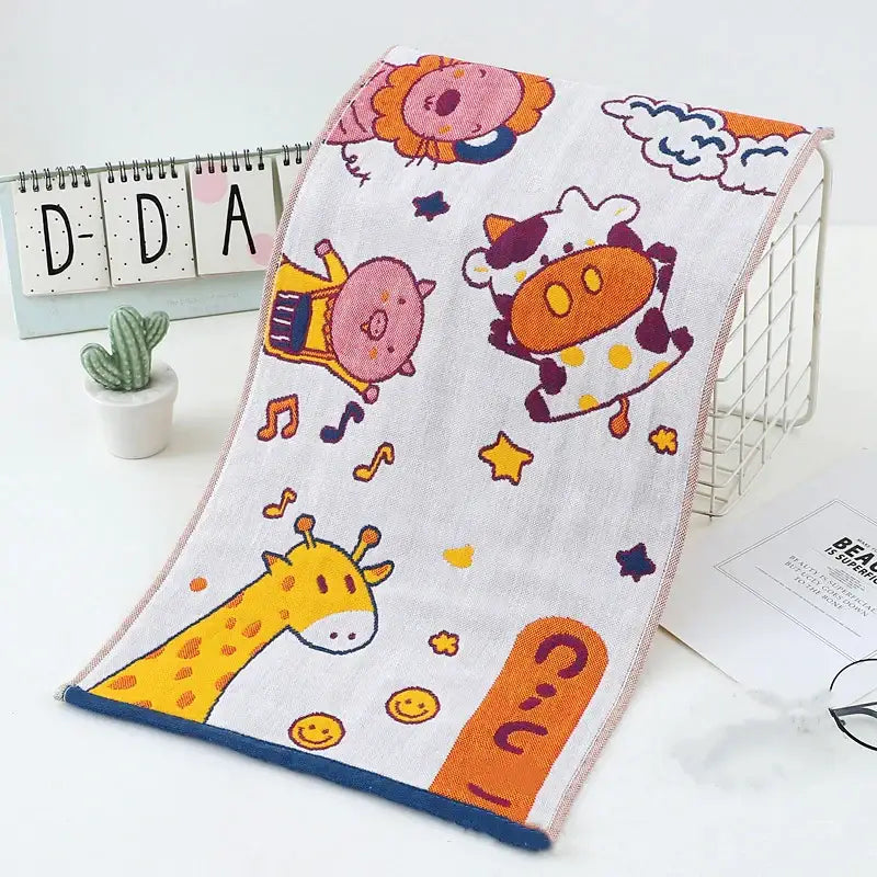 White cotton cat gauze hand towel with colorful dinosaur animal prints and blue border from decorbites set of 4 hand towels
