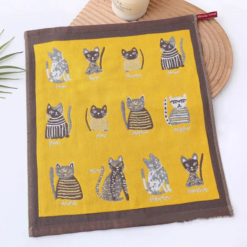 Yellow cat-themed hand towel with brown border and embroidered striped feline design from decorbites cat gauze hand set