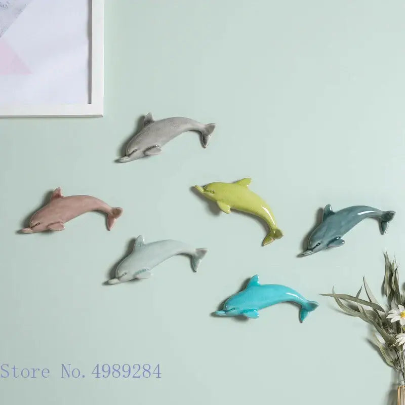 Set of six colorful pastel ceramic dolphin fish ocean wall decoration decorbites dolphin fish for children’s room