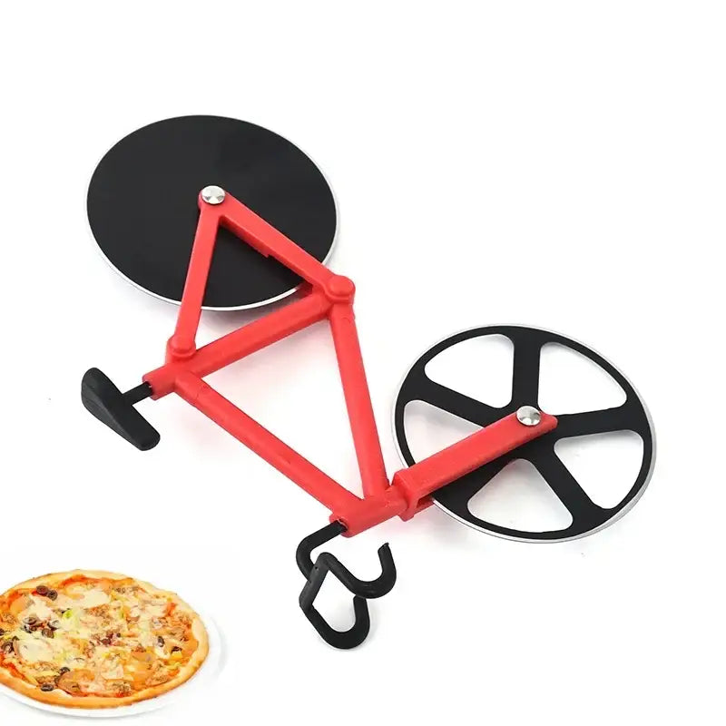 Red double wheel bicycle pizza cutter featuring a circular blade front wheel with black handle for kitchen use