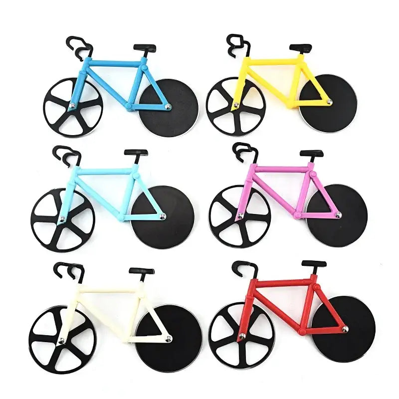 Colorful double wheel bicycle pizza cutter set with sleek black wheels and minimalist design for kitchen use