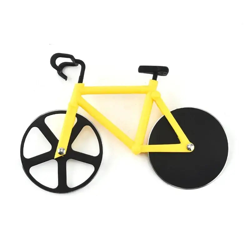 Yellow double wheel bicycle pizza cutter with black handlebars and wheels for kitchen use