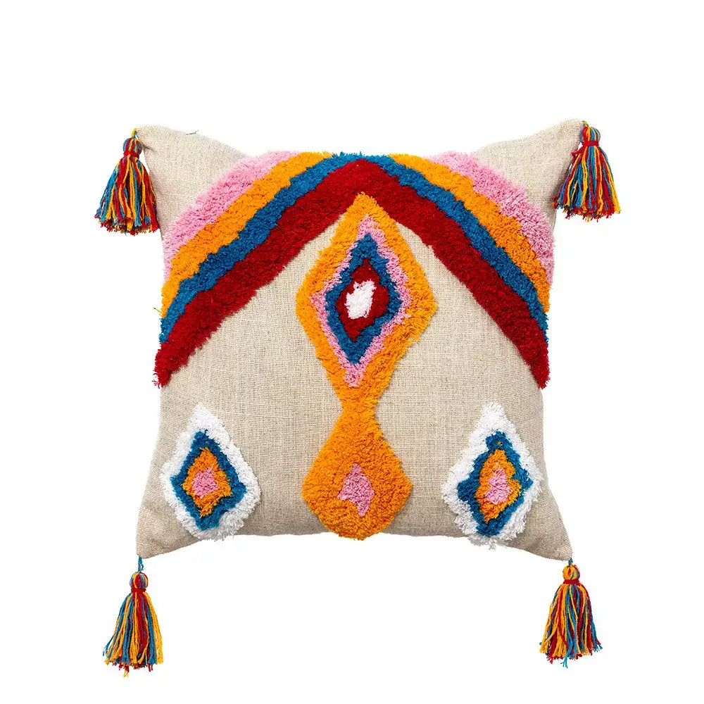 Beige pillow cover with colorful textured geometric patterns and multicolored tassels for decorbites boho tassel macrame decor