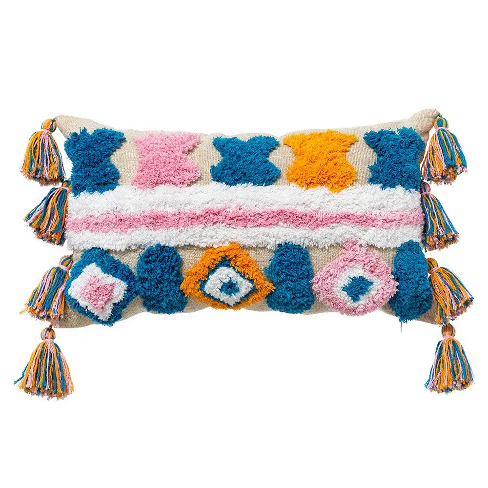 Colorful geometric boho tassel macrame pillow cover with textured woven design in blue pink and orange for living room decor