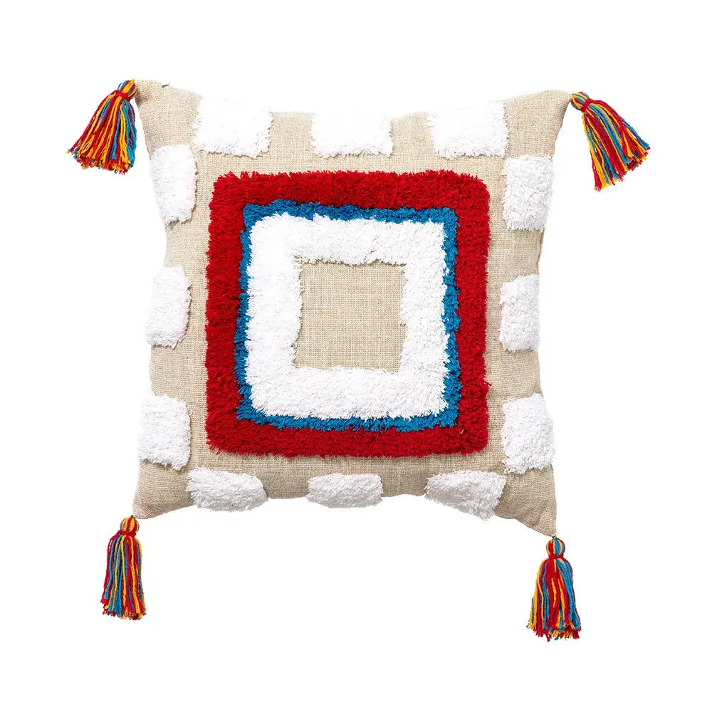 Beige woven pillow cover with red white and blue square tufted design and colorful tassels for boho tassel macrame decorbites