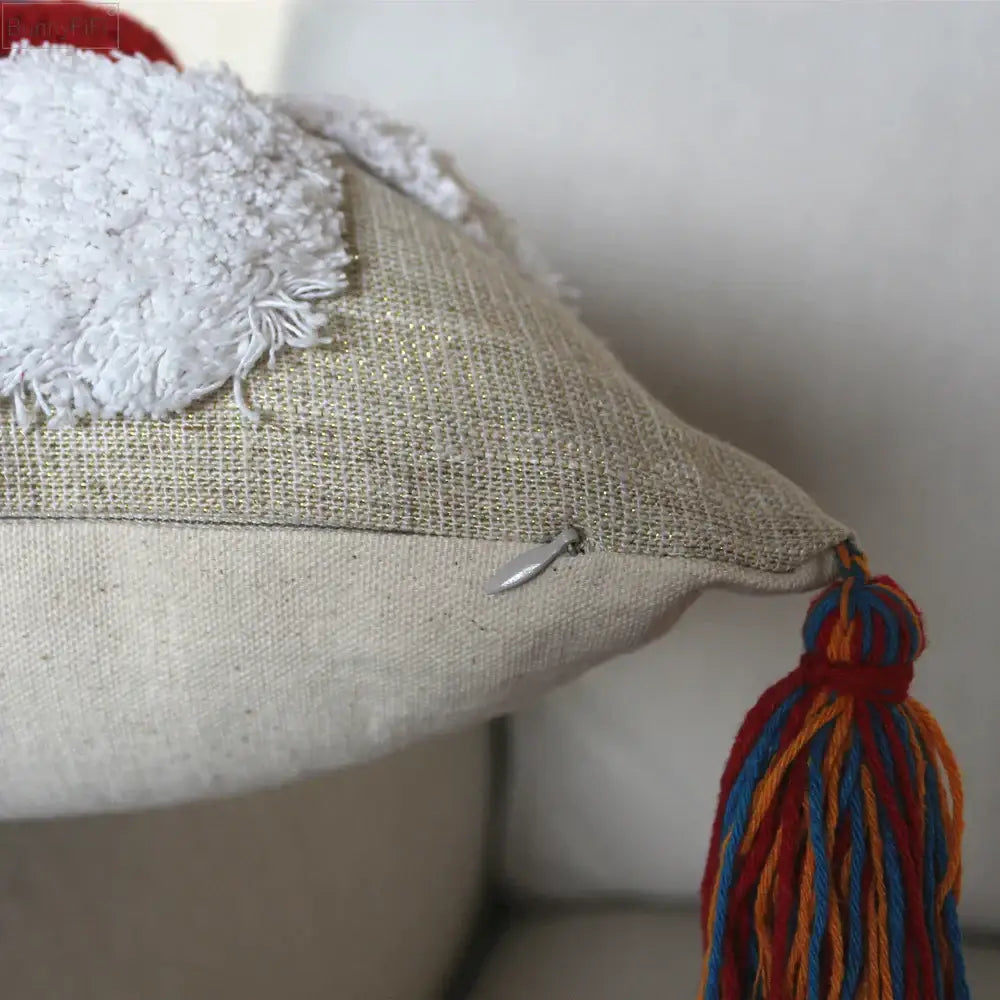Beige linen pillow cover with white fluffy pom-pom and colorful multi-strand boho tassel macrame decorbites boho tassel