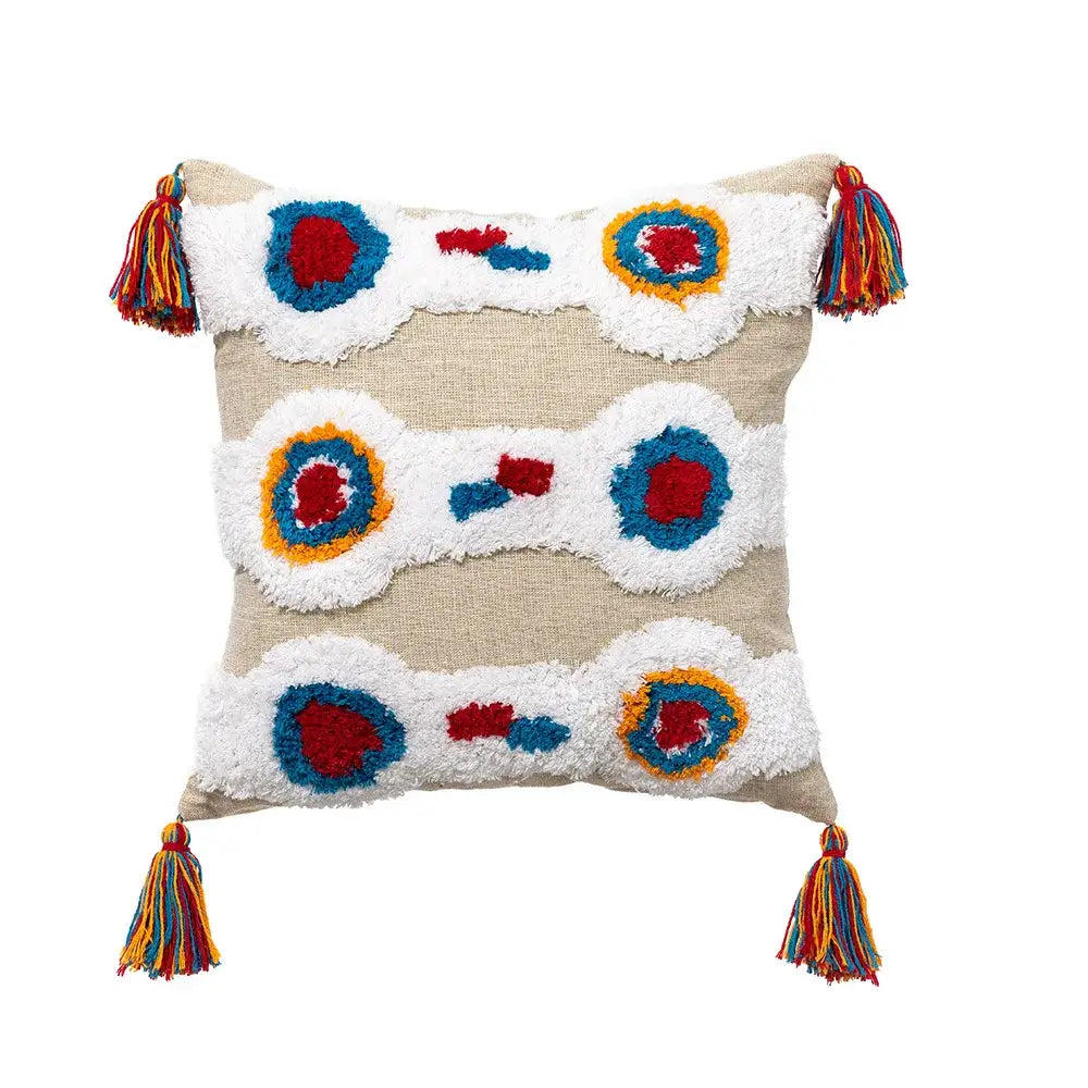 Beige pillow cover with colorful embroidered circles and multicolored tassels decorbites boho tassel macrame decor