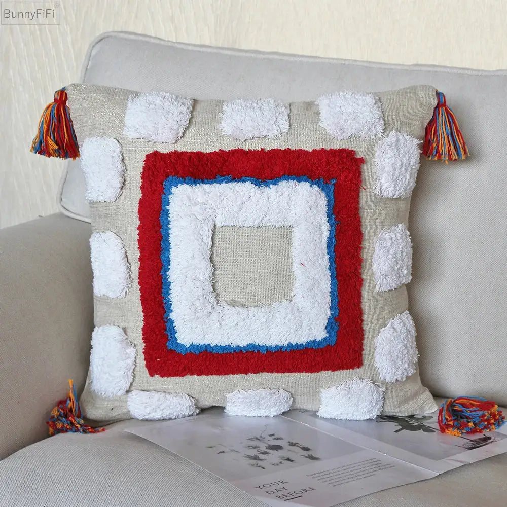 Beige pillow covers with colorful boho tassel macrame featuring textured layered square design and pom-poms decorbites boho tassel