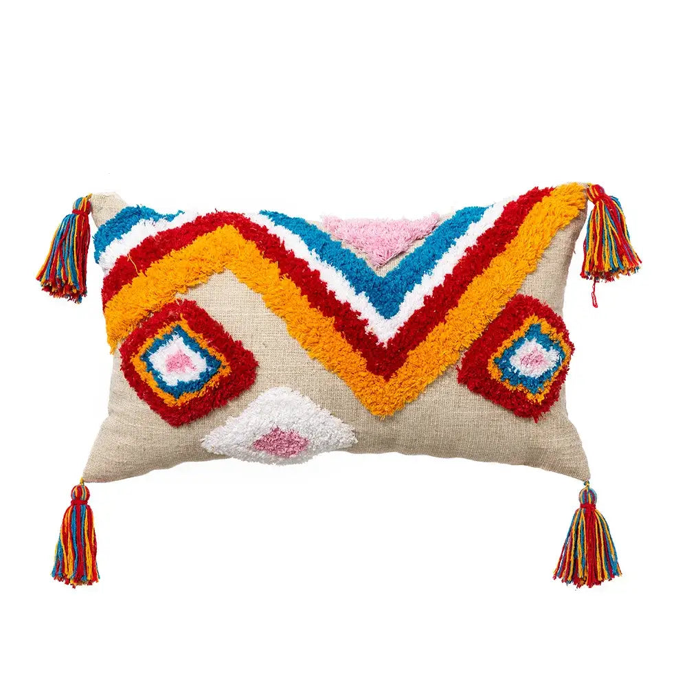 Beige rectangular pillow cover with colorful textured geometric patterns and multicolored tassels for boho tassel macrame decorbites decor