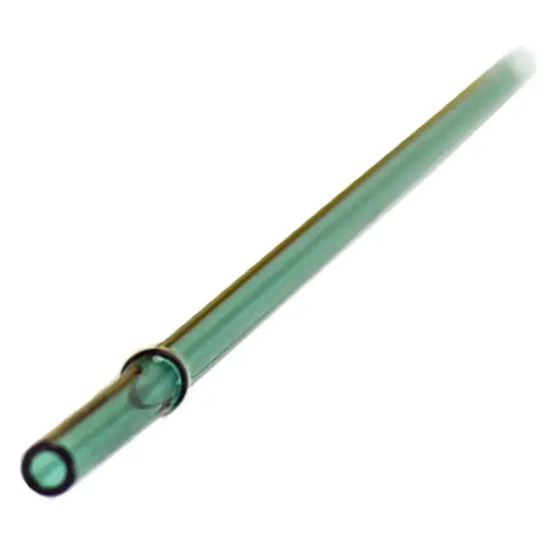A translucent green decorbites glass bent straw with metallic gold rim and black circular end caps for reusable use