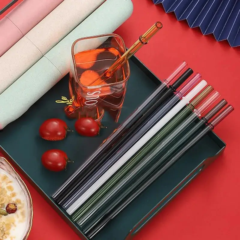 Set of colorful decorbites glass bent reusable kitchen straws in black white green and pink with transparent tips