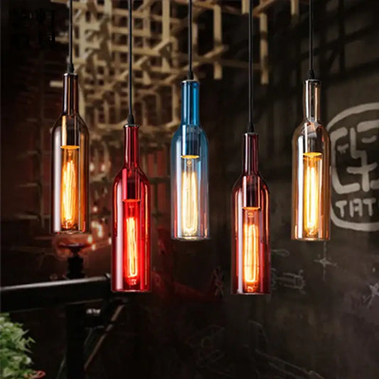 Colorful glass bottle pendant light with iron finish featuring warm glowing filament bulbs for kitchen lighting
