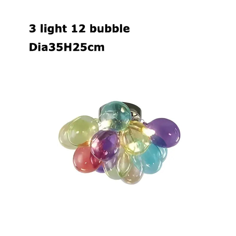 Colorful glass bubble chandelier pendant light featuring 12 translucent rainbow bubble lights with metallic base for decorbites