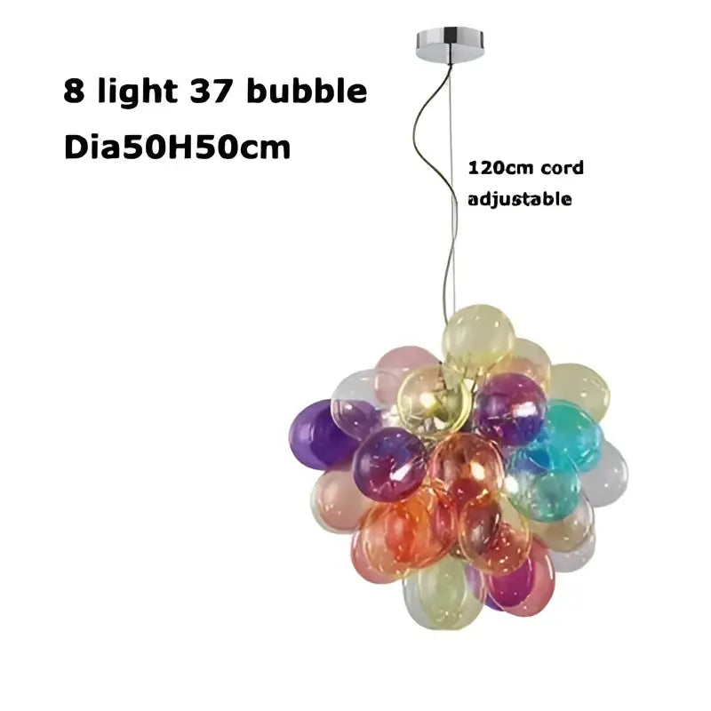 Colorful glass bubble chandelier pendant light with 8 vibrant translucent glass bubbles in purple orange blue and yellow