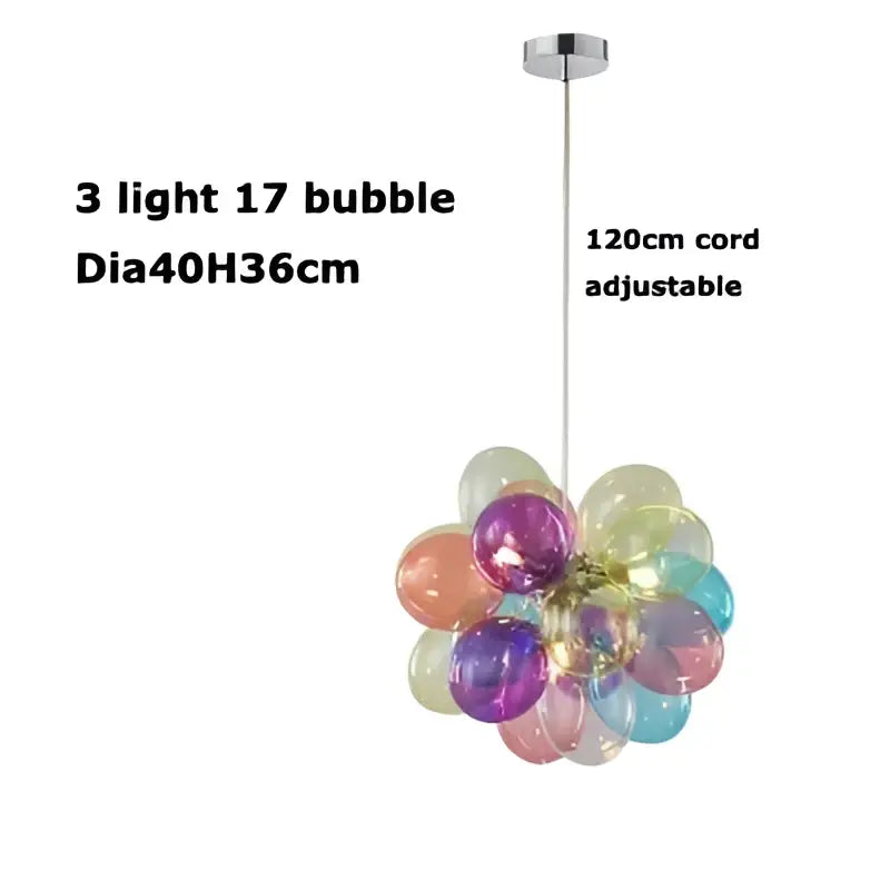 Colorful glass bubble chandelier pendant light with three translucent spheres in purple, blue, green, and orange for living room decorbites