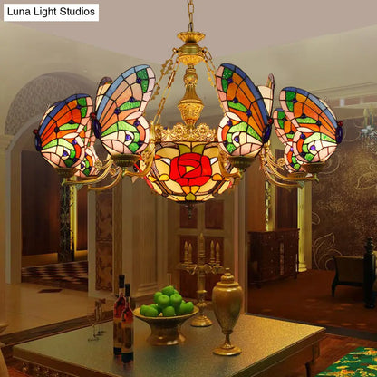 Colorful Glass Butterfly Chandelier with Red Flower/Rose Dome Shade for Staircase