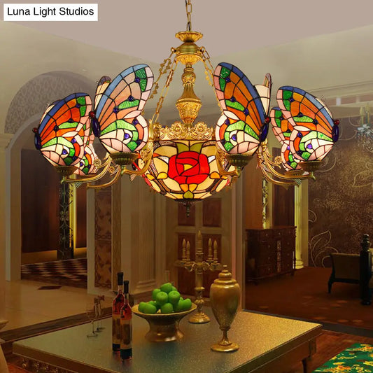 Colorful Glass Butterfly Chandelier with Red Flower/Rose Dome Shade for Staircase