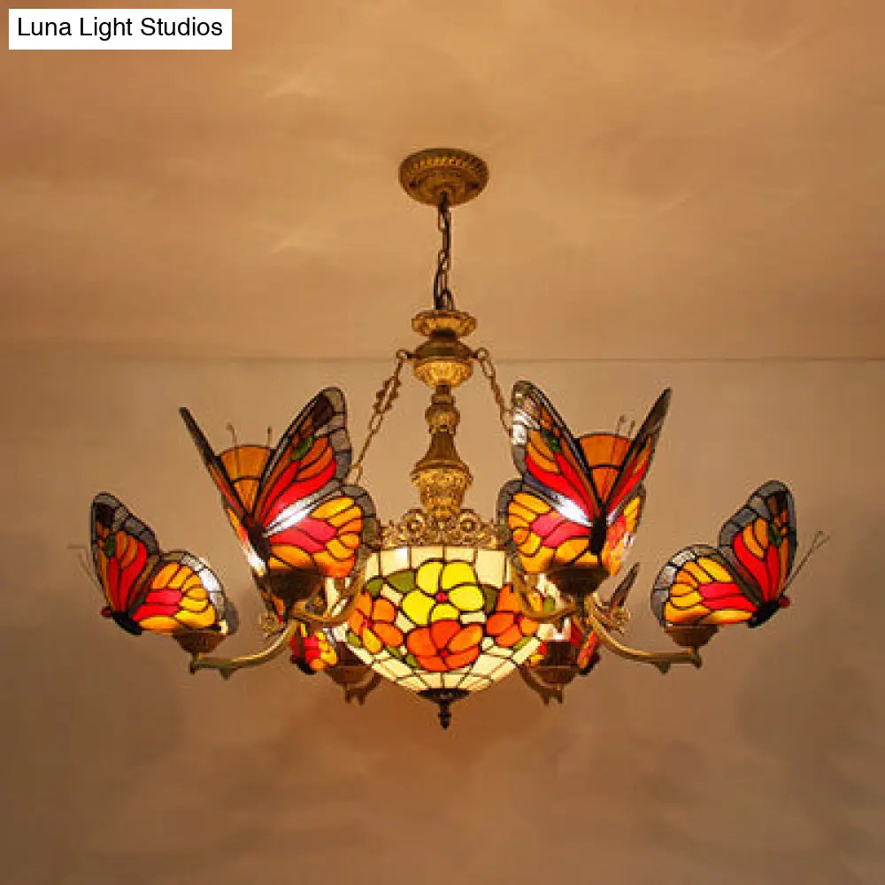 Colorful Glass Butterfly Chandelier with Red Flower/Rose Dome Shade for Staircase