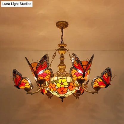 Colorful Glass Butterfly Chandelier with Red Flower/Rose Dome Shade for Staircase