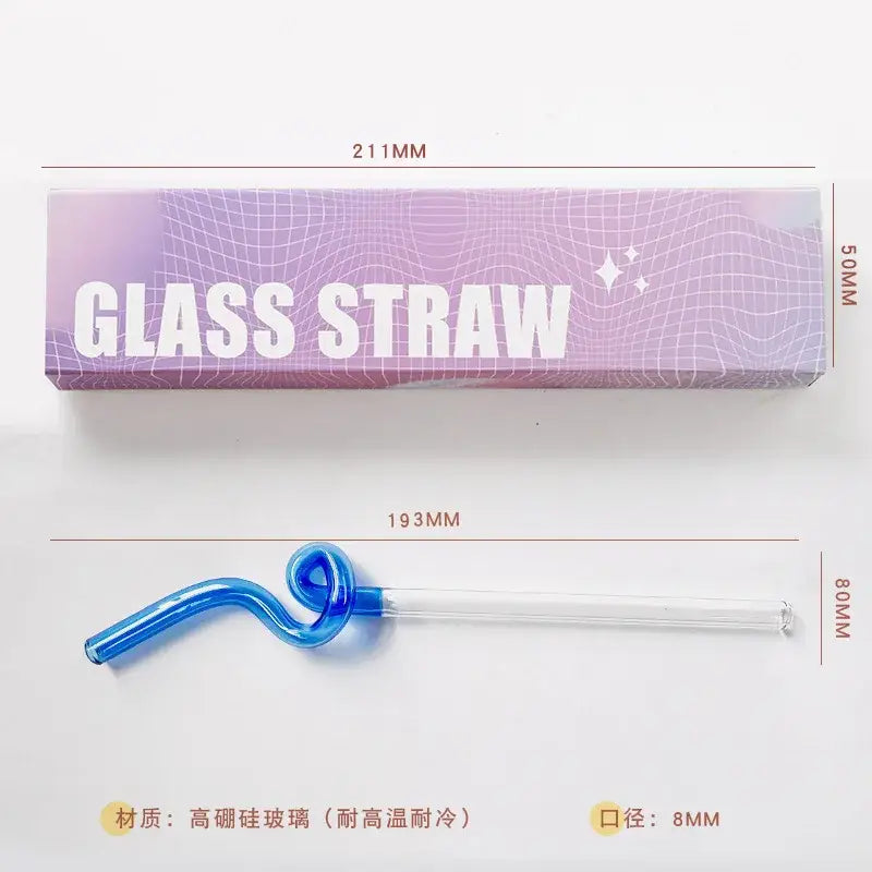 A translucent blue glass flower handle stir bar with a curved twisted design and clear stem for kitchen cocktails