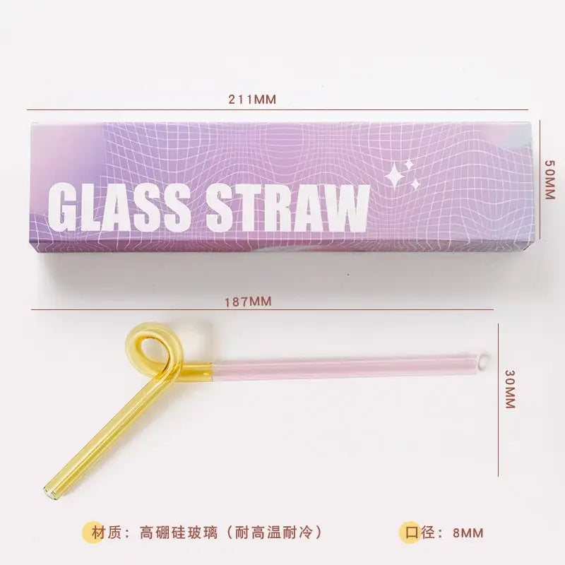 Translucent pink and yellow glass flower handle stir bar with curved loop design for kitchen cocktail use