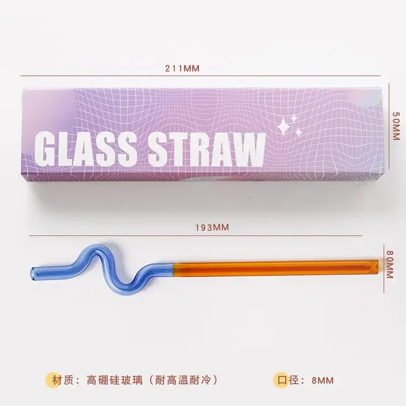 A colorful glass flower handle stir bar with a blue wavy section and orange straight end for kitchen cocktails