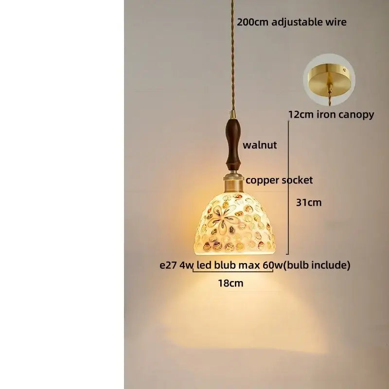 Colorful glass shell led pendant lamp with warm-toned floral etchings and brass-finished copper socket for dining room decorbites colorful glass