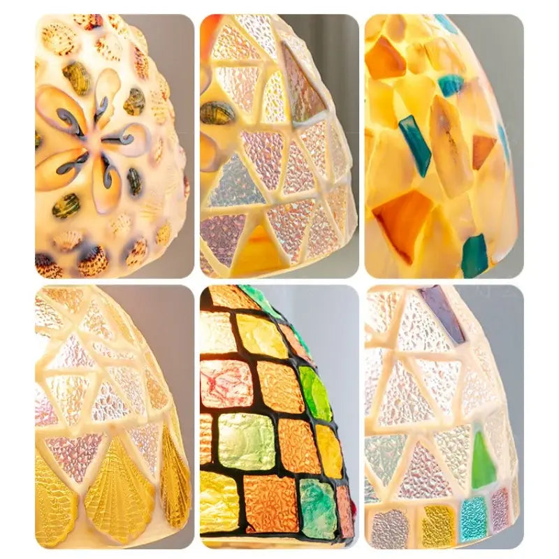 A colorful glass shell led pendant lamp with a decorative mosaic lampshade featuring textured glass pieces for dining room decorbites colorful glass lighting