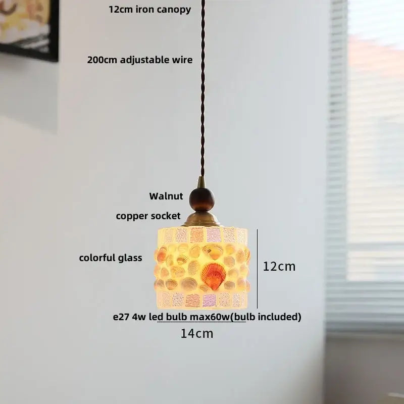 Colorful glass shell led pendant lamp with mosaic glass and seashells suspended from walnut-finished copper socket