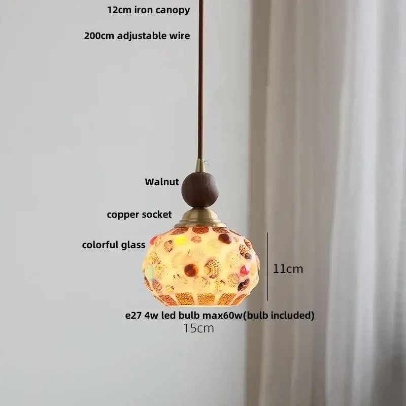 Colorful glass shell led pendant lamp with a mosaic of colorful glass and seashells suspended from iron canopy