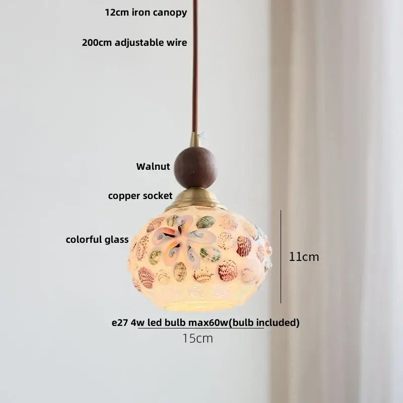 Colorful glass shell led pendant lamp with a spherical mosaic glass shade and 12cm iron canopy for dining room decorbites