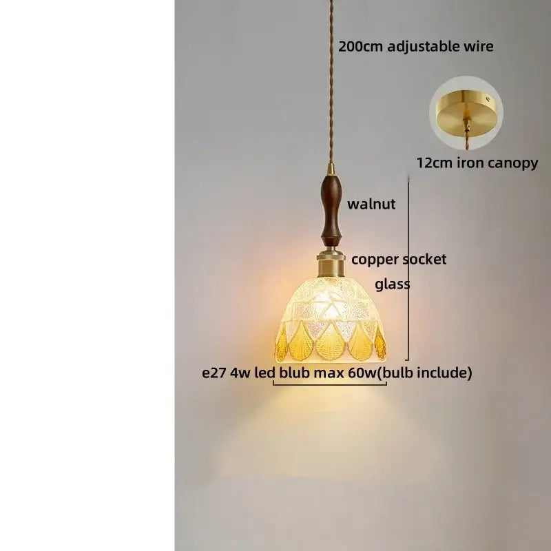 A warm-toned colorful glass shell led pendant lamp with walnut wooden handle and brass accents for dining room decorbites colorful glass