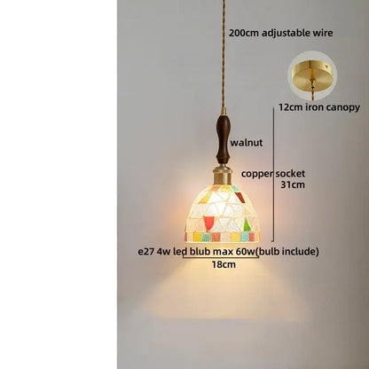 A warm-toned decorbites colorful glass shell led pendant lamp with walnut wood handle and copper socket for dining rooms