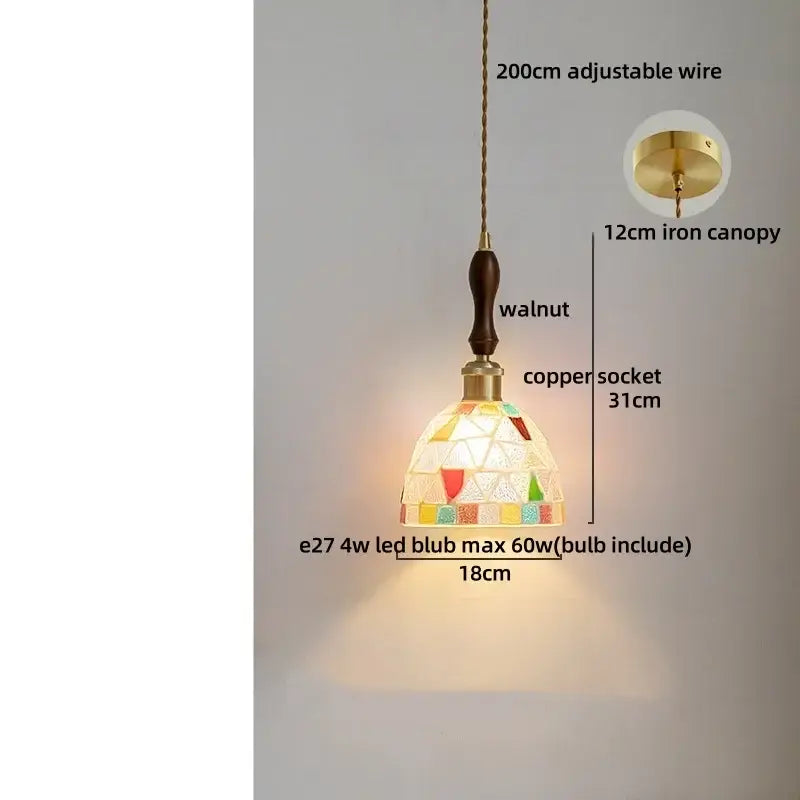 A warm-toned decorbites colorful glass shell led pendant lamp with walnut wood handle and copper socket for dining rooms